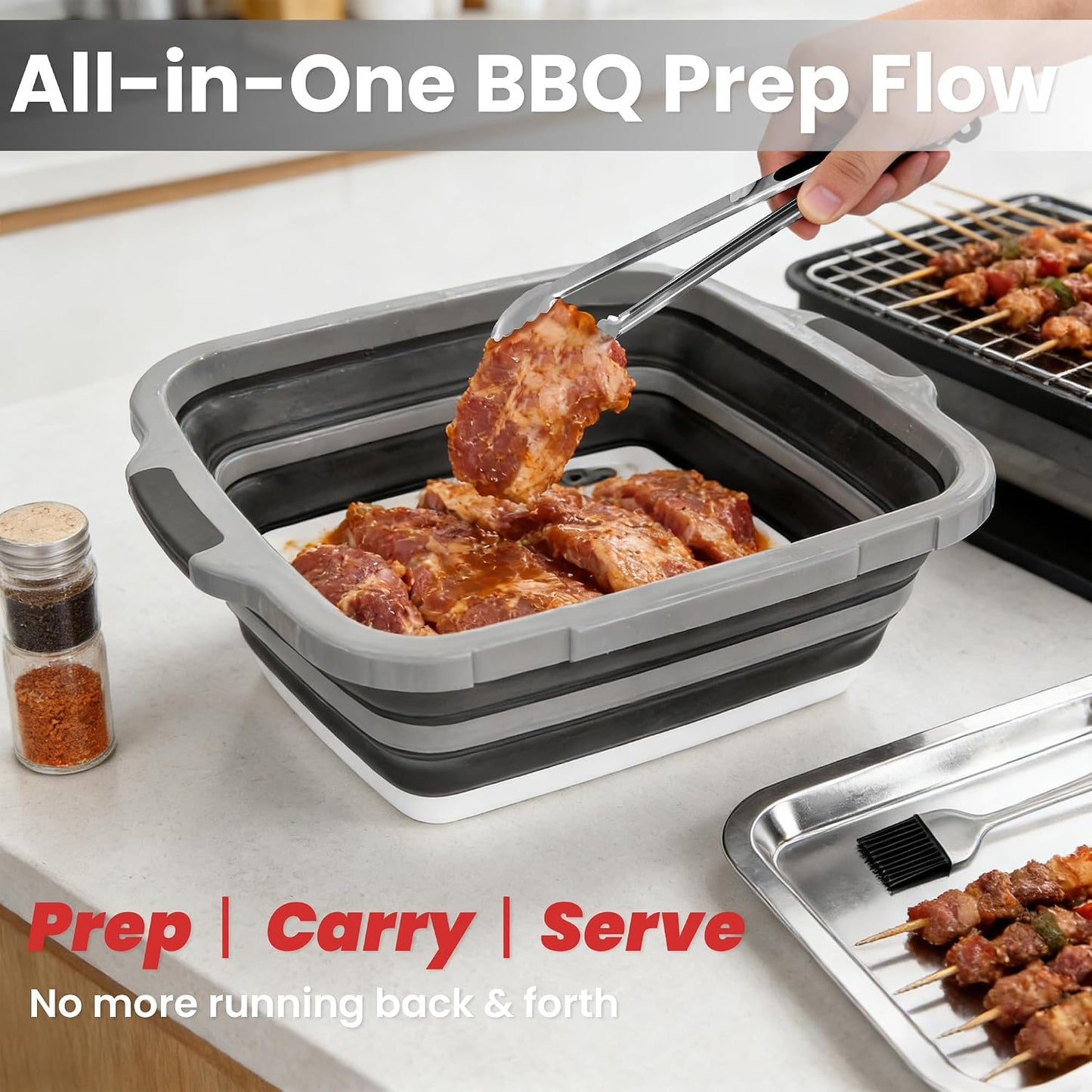 16L Collapsible BBQ Prep Tub Set with Lid, Tray, Tongs & Brush | Prep, Marinate, Carry, Grill & Serve Food in One Organized BBQ System