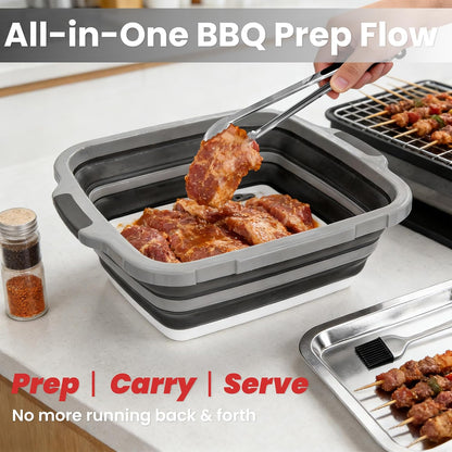16L Collapsible BBQ Prep Tub Set with Lid, Tray, Tongs & Brush | Prep, Marinate, Carry, Grill & Serve Food in One Organized BBQ System