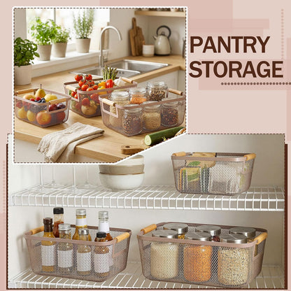 Mumufy 3 Pcs Metal Mesh Basket with Wooden Handles Wire Steel Organizer Bins Pantry Organizers Kitchen Baskets for Closet Cabinet Bathroom Fridge Food Snacks Organization (Warm Tapue,3 Sizes)