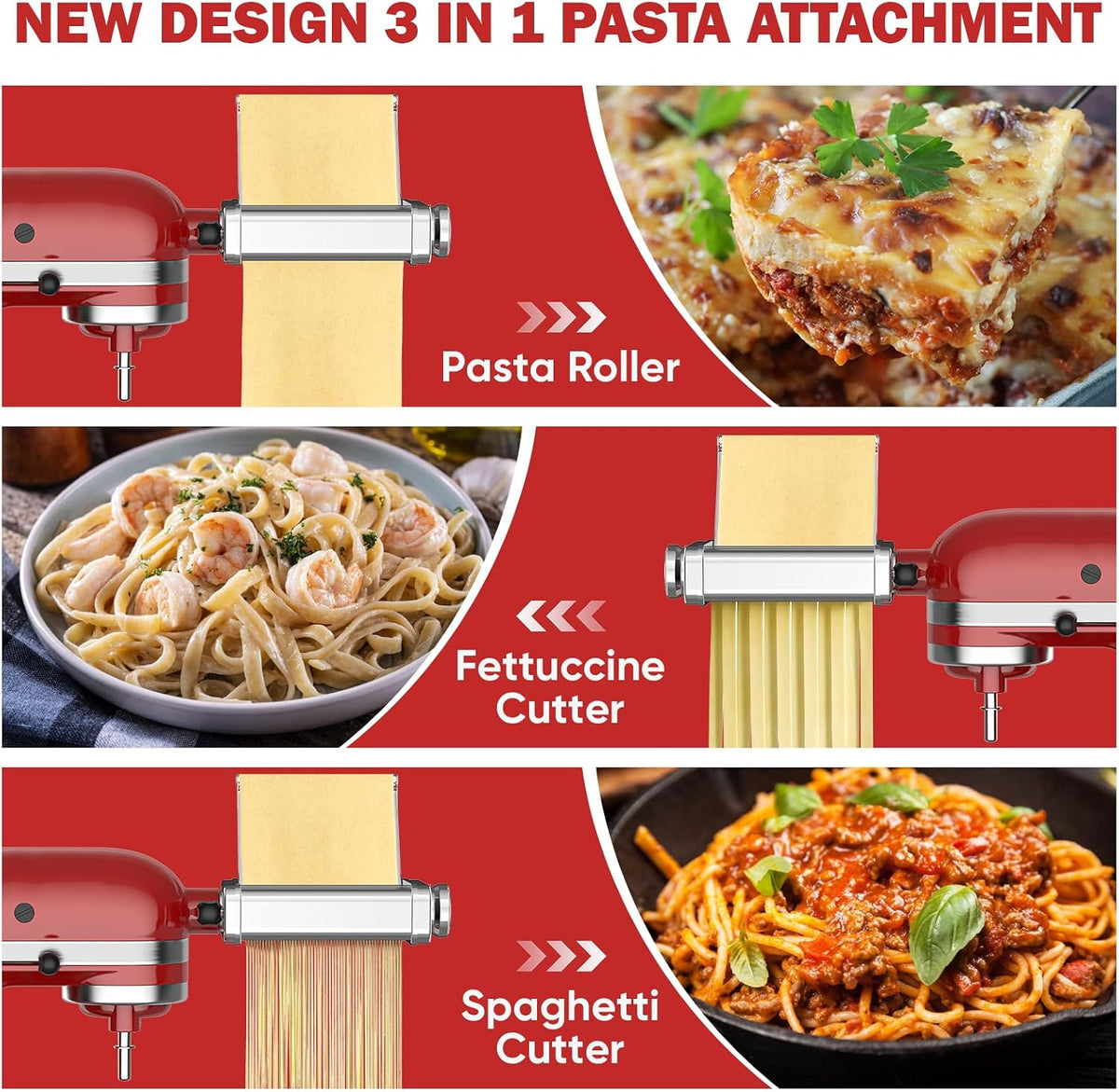GVODE 3-in-1 Pasta Maker Attachment for KitchenAid Stand Mixers