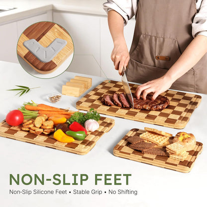 3 Pack Bamboo Cutting Board Set Checkered Wooden Cutting Board for Kitchen Non Toxic Charcuterie Board Serving Non Slip End Grain Wood Chopping Board for Meat Fruit Cheese Kitchen Housewarming Gift