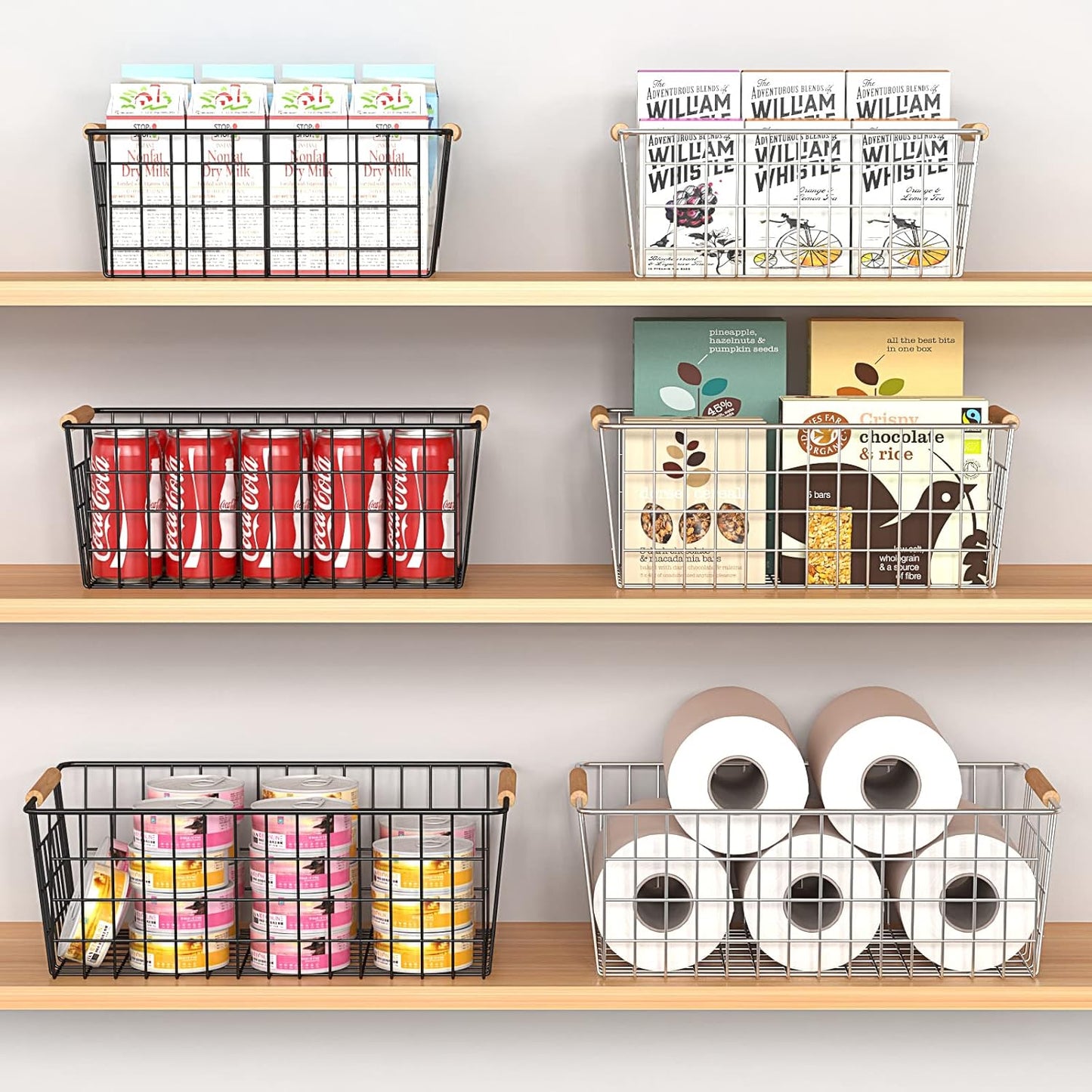YOUVIP Wire Storage Baskets with Wooden Handles, 3 Pack Metal Organizer Baskets for Kitchen, Pantry, Freezer, Laundry,Farmhouse,Bathroom Baskets for Organizing,Black (1 Small, 1 Medium, 1 Large)