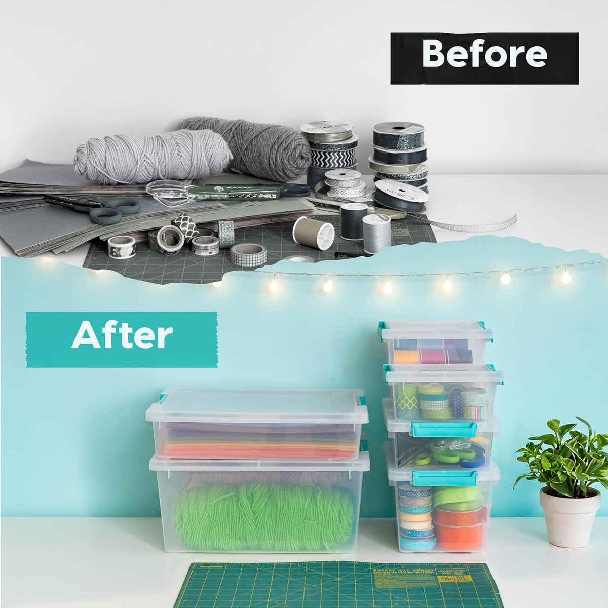 IRIS USA 12 Qt. Craft Storage Bins with Lids, 4-Pack, |Made in USA|, Clip Box, Medium Plastic Sensory Bin Tote Organizer Containers for Art Supplies, Paper, & Office, Stackable - Clear/Seafoam Blue