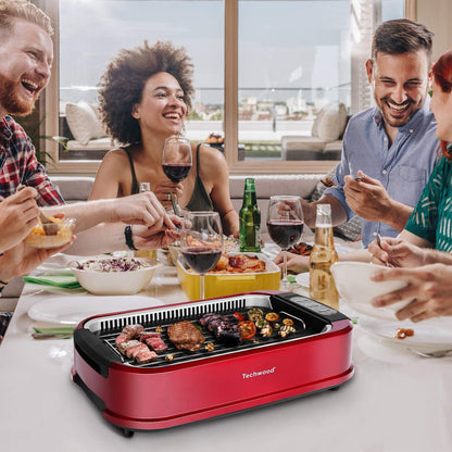 Techwood Indoor Grill Smokeless Grill, Electric Korean BBQ Grill with Glass Lid, Turbo Smoke Extractor Technology, Dishwasher-Safe Drip Tray & Nonstick Grilling Removable Plate, Black, 1500W
