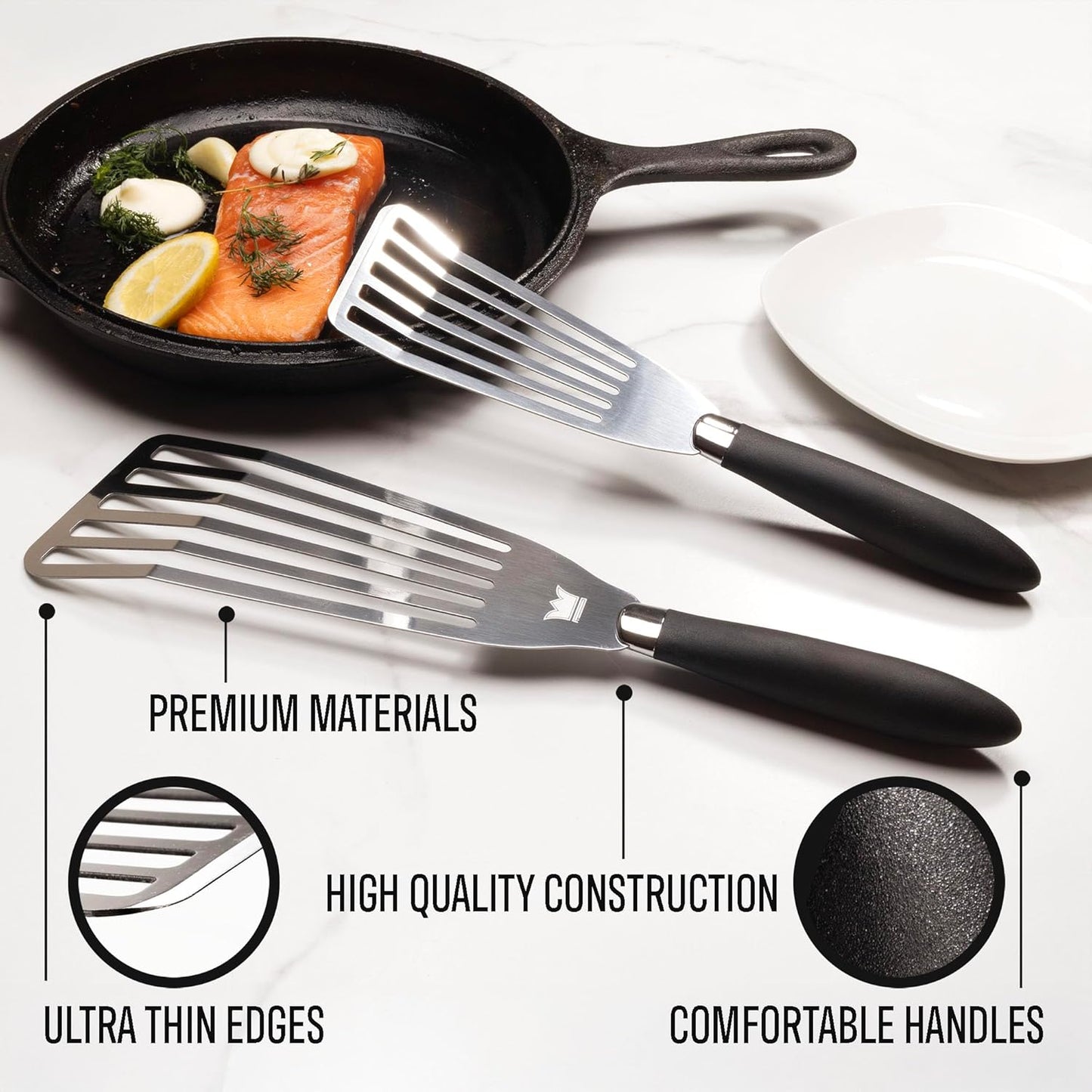Professional Fish Spatula Stainless Steel Set - 1 Large + 1 Small stainless steel spatula - mirror polished spatulas with heat resistant ergonomic handles - fish turner for Flipping, Frying & Grilling
