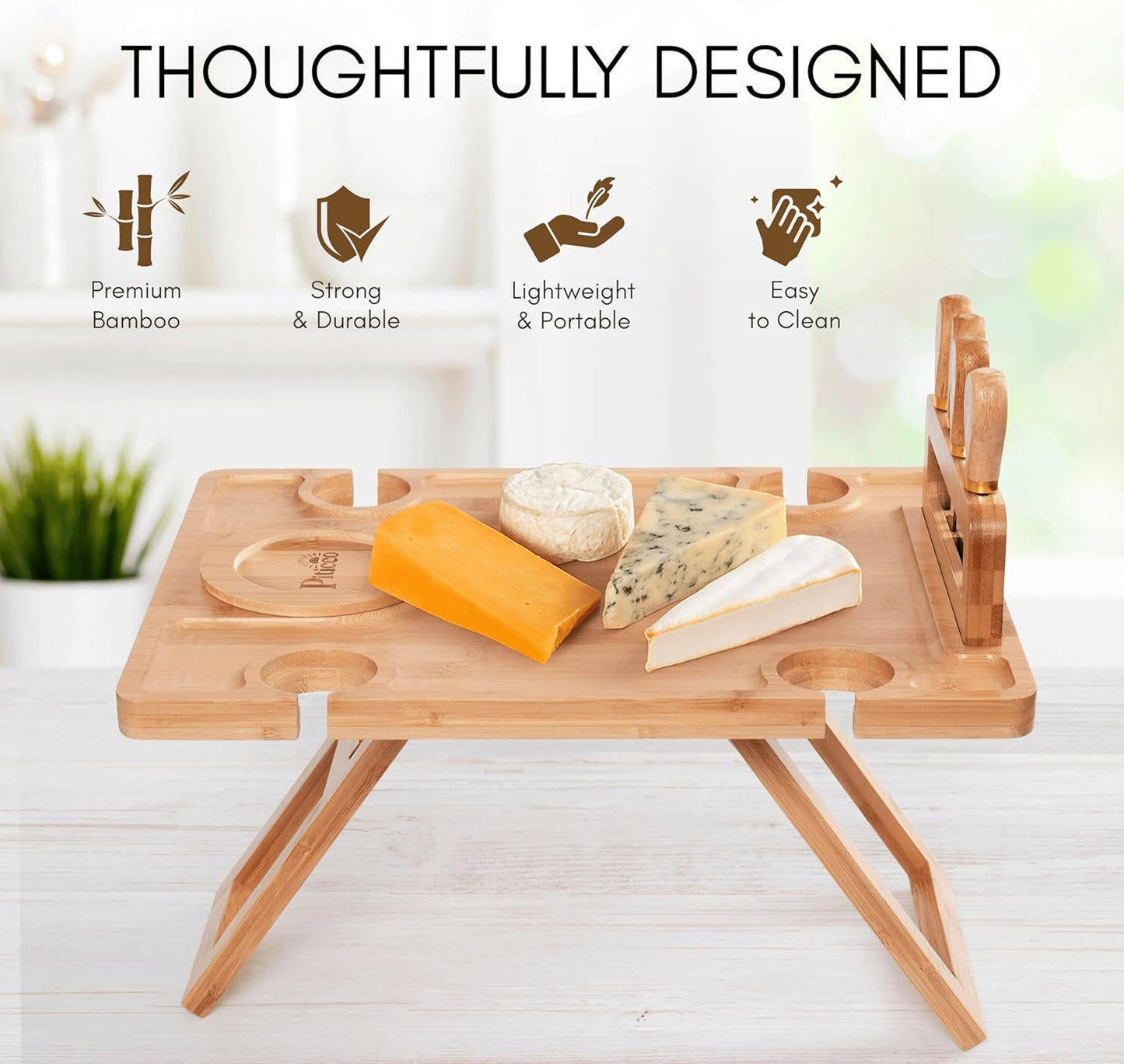 Charcuterie Picnic Table with Wine Glass Holder, Portable Wine & Cheese Board, 4-Piece Cheese Knife Set (Gold) w/Detachable Knife Stand, Bamboo Charcuterie Table, Hosting & Wine Gift
