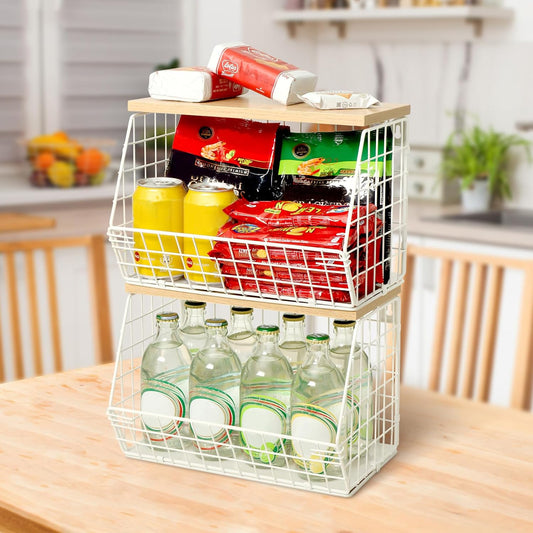 Mefirt Fruit Basket, 2-Tier Fruit Bowl for Kitchen Counter, Stackable Wall Mounted Fruit Storage, Snack Organizer, Potato and Onion Storage Basket, Hanging Pantry Storage with Wood Lid, 2 Set, White