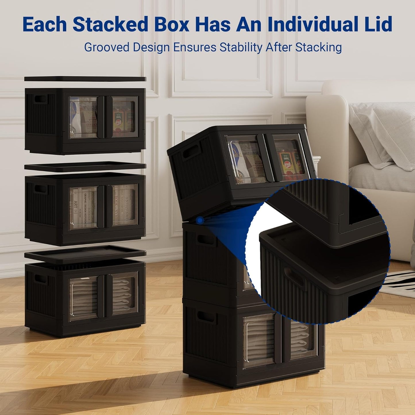 FLEXIMOUNTS 304 QT Stackable Storage Bins With Lids, Collapsible Plastic Storage Bins, Closet Organizers and Storage Containers with Doors and Built-in Wheels For Home, 4 Pack Cubes, Black