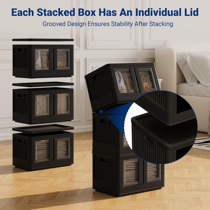 FLEXIMOUNTS 304 QT Stackable Storage Bins With Lids, Collapsible Plastic Storage Bins, Closet Organizers and Storage Containers with Doors and Built-in Wheels For Home, 4 Pack Cubes, Black