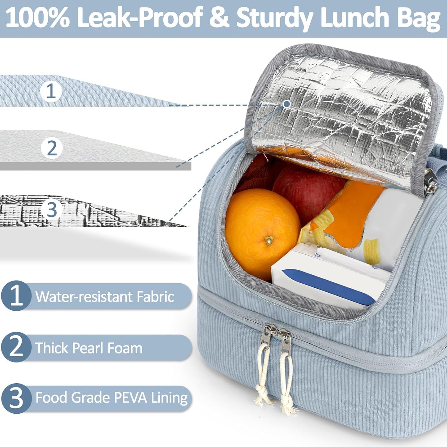 Vankor Corduroy Lunch Box Kids Insulated Lunch Bag Double Decker, Cute Leak-Proof Lunch Box for Boys Girls, Portable Cooler Lunch Bag Thermal Lunch Tote for School Picnic Travel, Light Blue