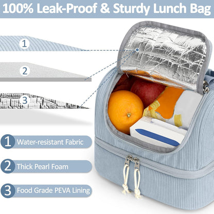 Vankor Corduroy Lunch Box Kids Insulated Lunch Bag Double Decker, Cute Leak-Proof Lunch Box for Boys Girls, Portable Cooler Lunch Bag Thermal Lunch Tote for School Picnic Travel, Light Blue