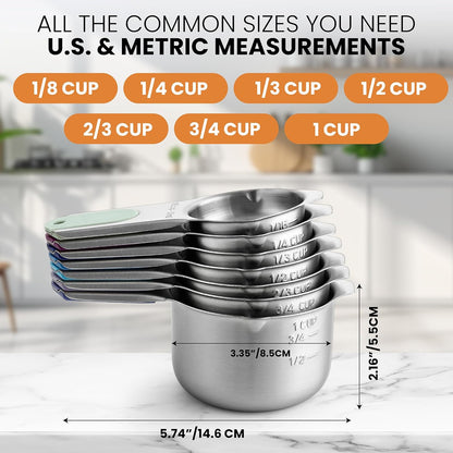 Spring Chef Stainless Steel Measuring Cups Set of 7 with Pour Spout - Nesting Kitchen Tools with Easy Read Markings to Measure Dry or Liquid Ingredients - Metal Measuring Cups for Baking & Cooking