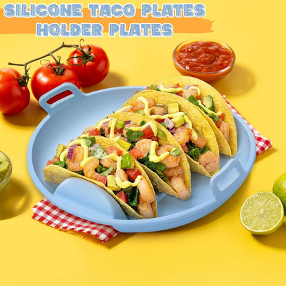 Silicone Taco Holders Plates - 3PCS Reusable Tacos Serving Tray Set with 4 Dividers, Dishwasher & Microwave Safe Shell Mold Tortilla Stand for Home Kitchen Fiesta Party Supplies (Green, Blue)