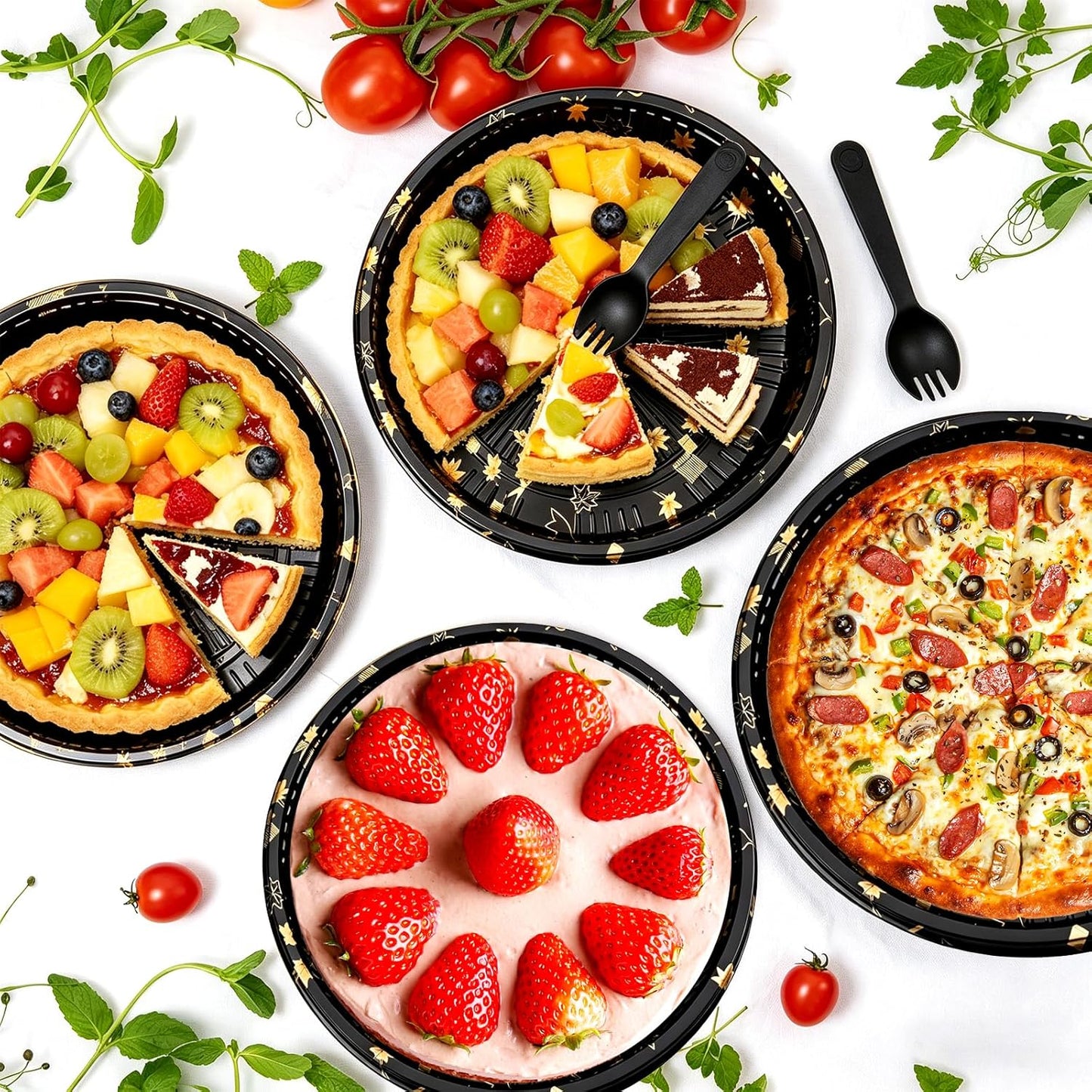 30 Pack 10 Inch Disposable Pie Carrier with Lid, Round Pie Platters Plastic Serving Tray, Catering Trays with Lids for Pies, Pizza, Desserts (Black Bottom + Clear Lid)