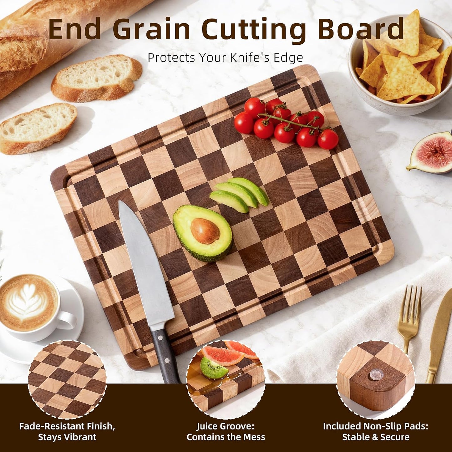 Checkered Cutting Board Set for Kitchen - 3 PCS Solid Wood End Grain Checkerboard Chopping Board with Holder & Juice Groove, Wooden Cutting Boards for Meat, Vegetables, Fruits (S, M, L)