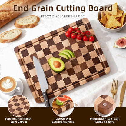 Checkered Cutting Board Set for Kitchen - 3 PCS Solid Wood End Grain Checkerboard Chopping Board with Holder & Juice Groove, Wooden Cutting Boards for Meat, Vegetables, Fruits (S, M, L)