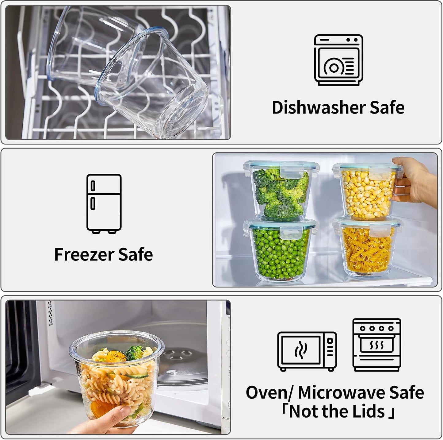 8 PCS Glass Meal Prep Containers with Lids, Airtight 3 Cup Glass Storage Containers Set, Round Deep Soup Containers with Lids for Leftover, Microwave, Dishwasher, and Freezer Safe(4 Sets)