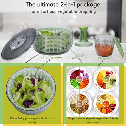 Brieftons Salad Spinner and Chopper Combo: Large 6.34-Quart Lettuce Greens Vegetable Washer Dryer with Bonus 0.95-Quart Push Veggie Chopper Mixer, Storage Lids, Collapsible, No Electricity, Easy Prep