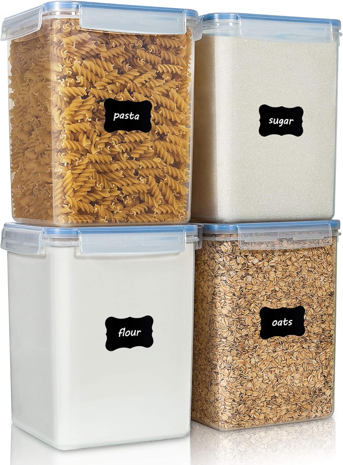 Vtopmart 4 PCS Large Food Storage Containers 5.2L / 175oz, 4 Pieces BPA Free Plastic Airtight Canisters for Flour, Sugar, Baking Supplies, Rice with Lids, 4 Measuring Cups and 24 Labels, Black