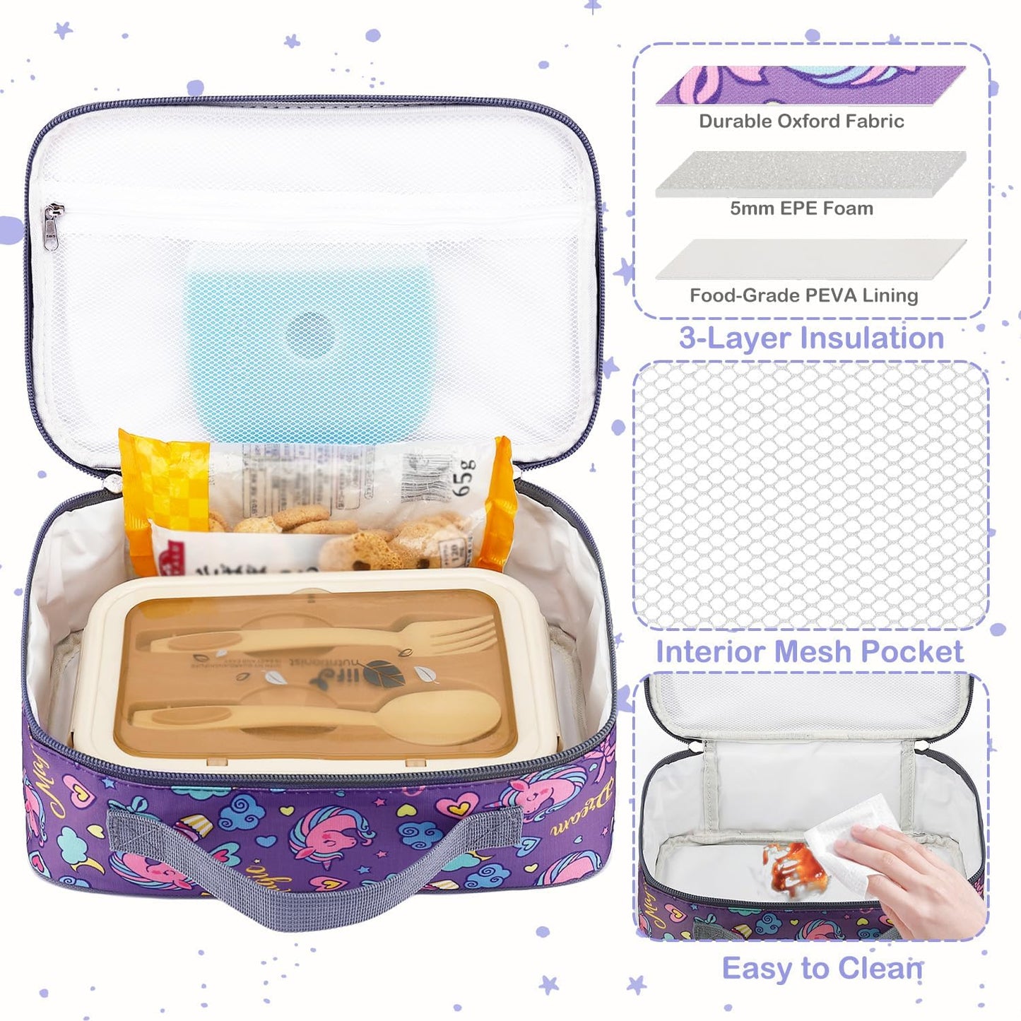 FlowFly Kids Lunch box Insulated Soft Bag Mini Cooler Back to School Thermal Meal Tote Kit for Girls, Boys, Black