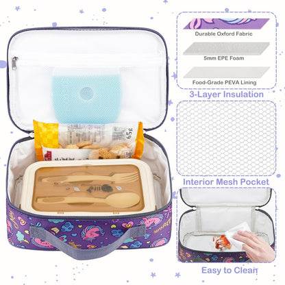 FlowFly Kids Lunch box Insulated Soft Bag Mini Cooler Back to School Thermal Meal Tote Kit for Girls, Boys, Black