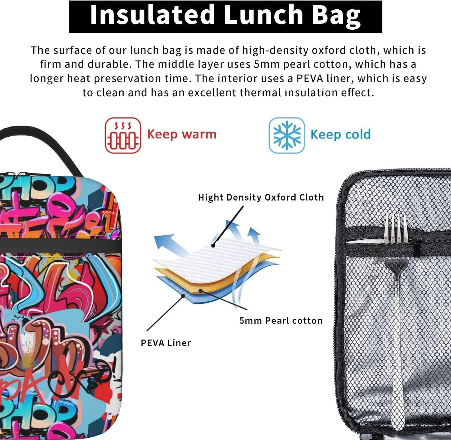 Black Cat Reusable Lunch Box Food Bag Insulated Lunch Bag for Teenage Boys Girls School Beach
