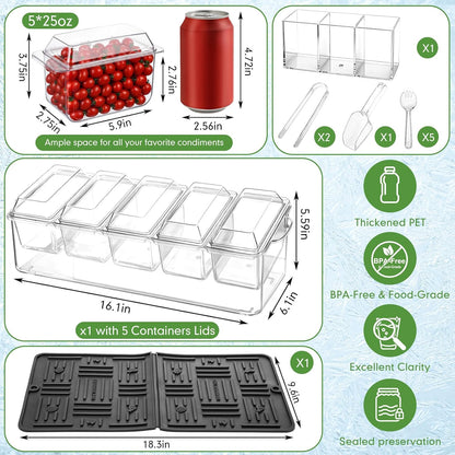 Ice Chilled Condiment Caddy with Drain Plug, 5 Containers with Lids, 85 oz Ice Capacity, 11 Pcs Complete Garnish Tray Condiment Server Set with Drainer Mat Cutlery Holder for Taco Bar Party