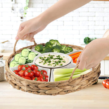 AVLA Ceramic Divided Serving Dishes, Porcelain Relish Tray, Party Appetizer Platter, 6 Removable Snack Bowls with Cattail Basket for Chips and Dips, Candy, Nut, Condiment, Veggie, Portable Handle