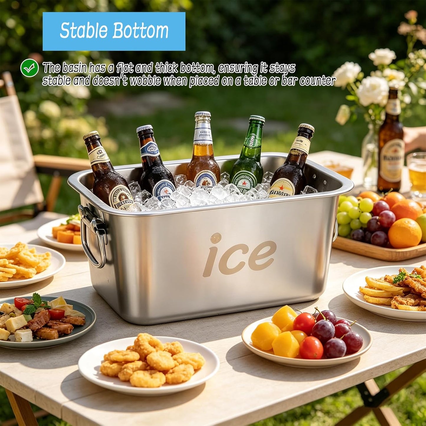 Strainless Steel Beverage Tub, Ice Buckets for Parties with Handle, Beer Ice Bucket Drink Cooler, Metal Wine Beer Champagne Bucket Drink Chiller, Rectangular Ice Storage Tub Ice Cube Bin for Freezer