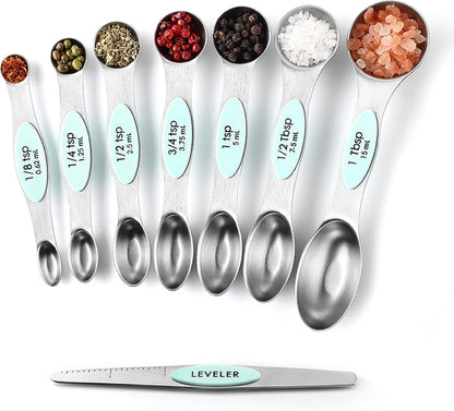 Spring Chef Stainless Steel Magnetic Measuring Spoons Set with Strong N45 Magnets, Heavy Duty Metal Kitchen Gadgets for Baking & Cooking, Fits in Most Kitchen Spice Jars, Set of 8 with Leveler, Black