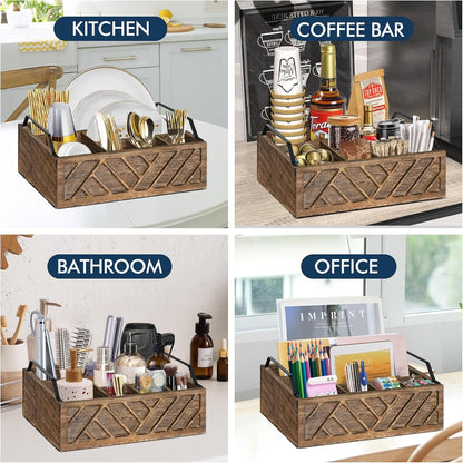 Ukonvi Paper Plate Dispenser, Paper Plate Holder for Kitchen Counter, Wood Rustic Silverware Utensil Caddy, Cutlery Flatware Organizer Box for Cups Spoons Forks Plates Napkins, Kitchen Accessories
