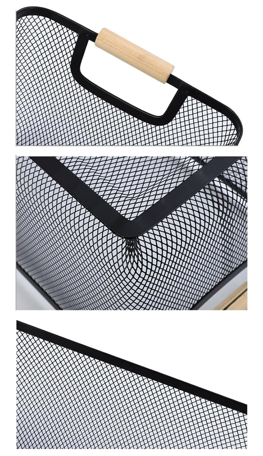 AJIODA Metal Mesh Steel Basket, Large Wire Storage Organizer Basket Multi-function Hanging Kitchen Baskets with Wood Handle for Kitchen Bathroom Picnic Home, Rectangle-Black