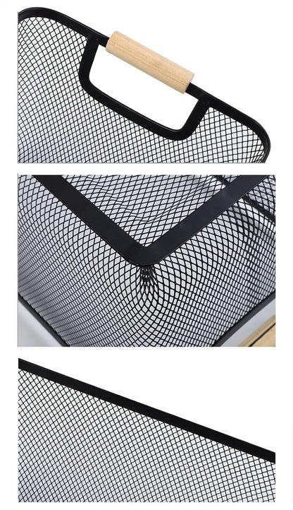 AJIODA Metal Mesh Steel Basket, Large Wire Storage Organizer Basket Multi-function Hanging Kitchen Baskets with Wood Handle for Kitchen Bathroom Picnic Home, Rectangle-Black