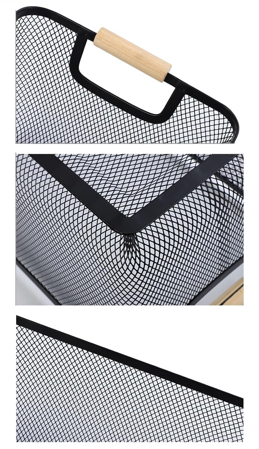 AJIODA Metal Mesh Steel Basket, Large Wire Storage Organizer Basket Multi-function Hanging Kitchen Baskets with Wood Handle for Kitchen Bathroom Picnic Home, Rectangle-Off White