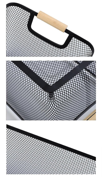 AJIODA Metal Mesh Steel Basket, Large Wire Storage Organizer Basket Multi-function Hanging Kitchen Baskets with Wood Handle for Kitchen Bathroom Picnic Home, Rectangle-Off White
