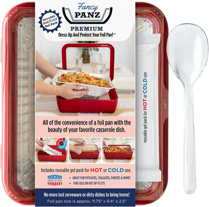 Fancy Panz Red Premium Aluminum Foil Pan Carrier with Secure Latch Lid - Reusable Casserole Carrier for Half Size Pans - Food Transport Holder for Potlucks, Parties, Tailgates & Entertaining