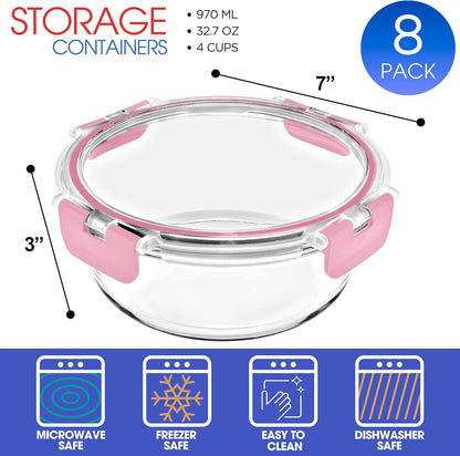 Sorbus Glass Meal Prep Containers Set – 8 Round 32oz Containers with Airtight Lids – Freezer, Dishwasher, Oven Safe – Reusable Food Storage Bowls