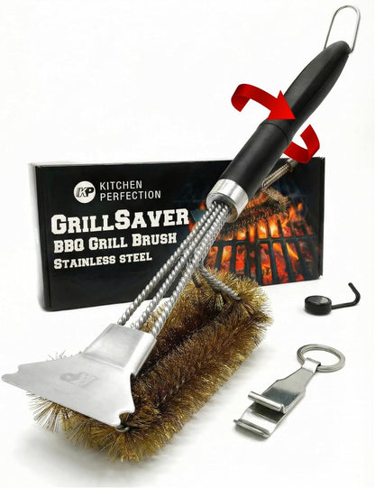 KITCHEN PERFECTION GrillSaver - Safe BBQ Grill Brush for Outdoor Grill with Replaceable Cleaning Head -Heavy-Duty Grill Cleaner with Scraper for All Grates +2 Bonuses -Best Grilling Gifts for Men