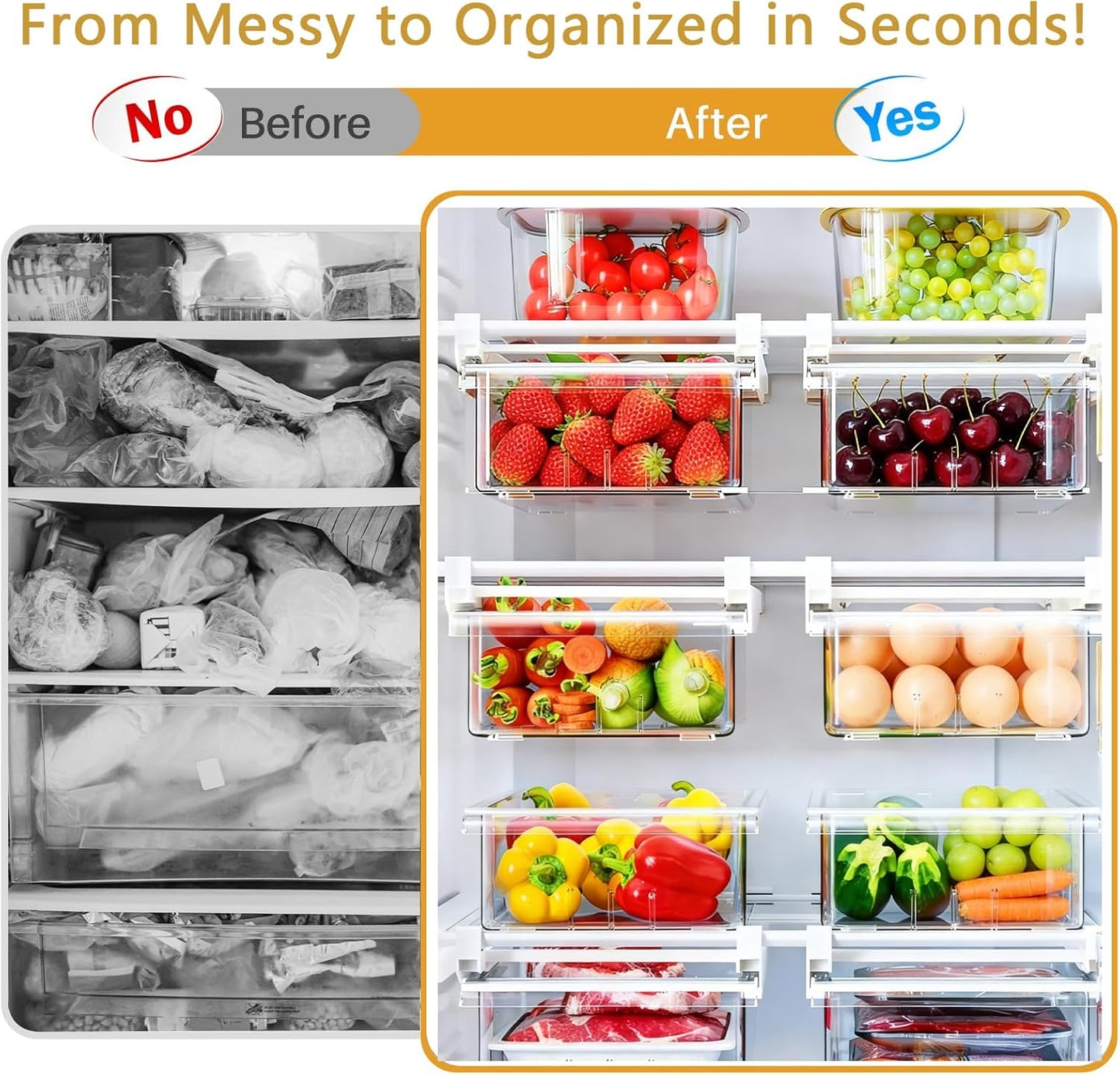 Refrigerator Organizers Storage Fridge Drawer - Pull Out Clear Storage Containers with Handle for Fruit,Deli,Cheese,Seafood,Plastic Organizer Bins Fit for Medium Refrigerator Shelf,Simple Use(2 Pack)