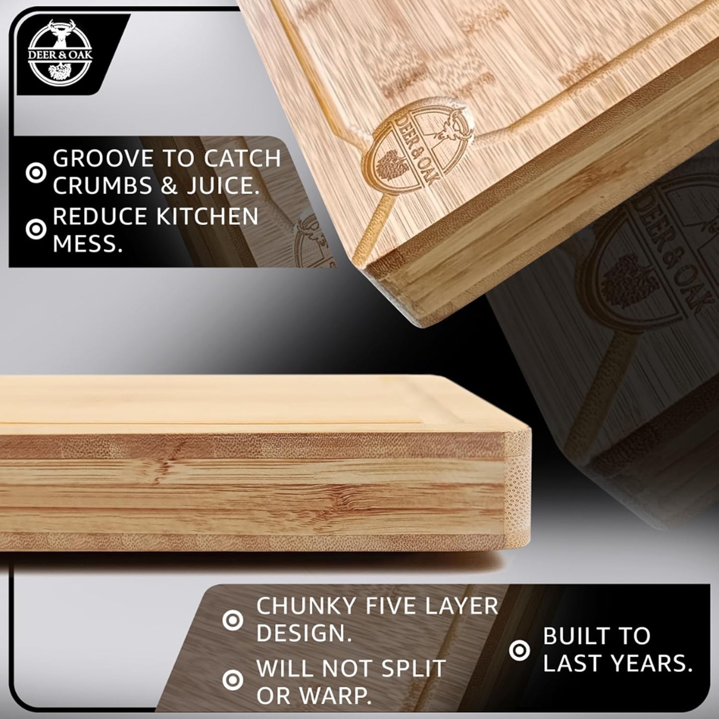 Pre-Oiled, Non Toxic 3-Piece Carbonized Bamboo Cutting Board Set, 500°F Carbonized Technology Eco-Friendly Wooden Chopping Boards for Kitchen with Juice Groove, Charcuterie Serving Boards Deer & Oak