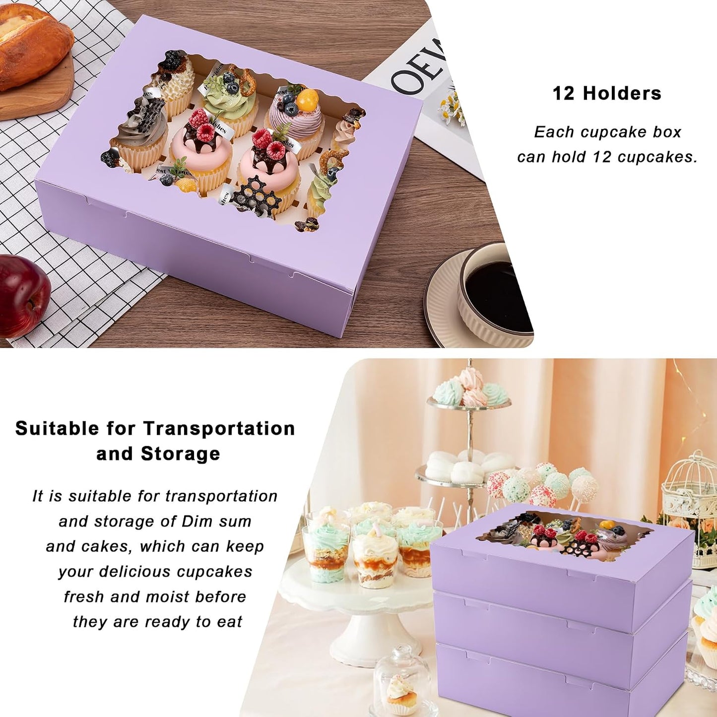 Hoewina 6PCS Cupcake Boxes - Hold 12 Count Cupcake Containers with Window, Food Grade Cupcake Holder Easy Transport and Presentation - Ideal for Cupcakes, Desserts, and More