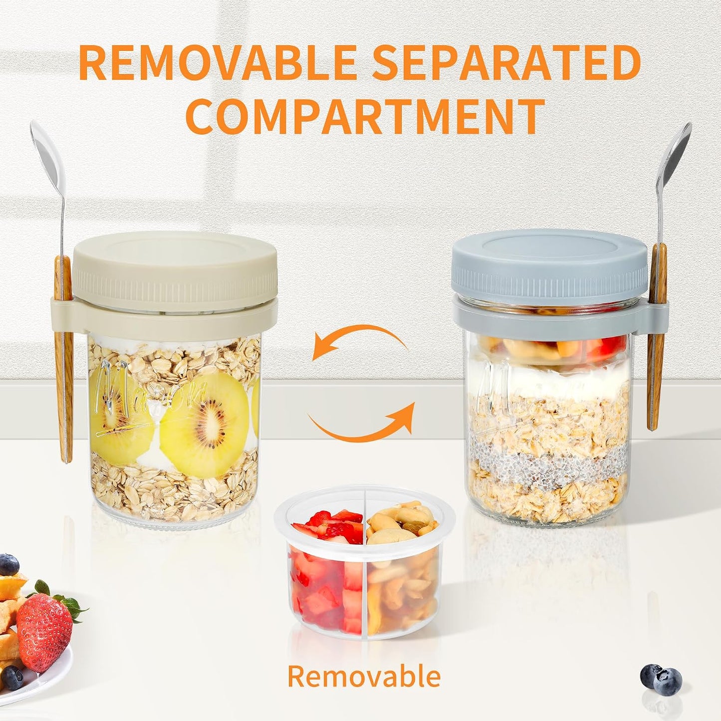 Xyptorix 6 Pack Overnight Oats Containers with Lids and Spoons, 16 oz Mason Jars with Removable Separate Compartments, Airtight and Leak-Proof Glass Jars for Chia Pudding, Yogurt, and Oatmeal