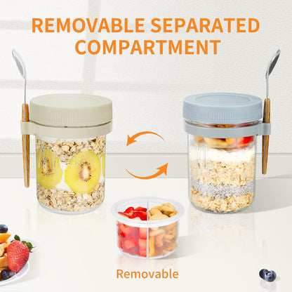 Xyptorix 6 Pack Overnight Oats Containers with Lids and Spoons, 16 oz Mason Jars with Removable Separate Compartments, Airtight and Leak-Proof Glass Jars for Chia Pudding, Yogurt, and Oatmeal
