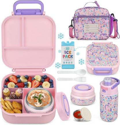 Bento Lunch Box for Kids with 7oz Soup Thermo,Insulated Stainless Steel Kids Water Bottle with Straw and Insulated Lunch Bag,Leak-Proof Lunch Food Container with Ice Pack for School (Purple-Mermaid)