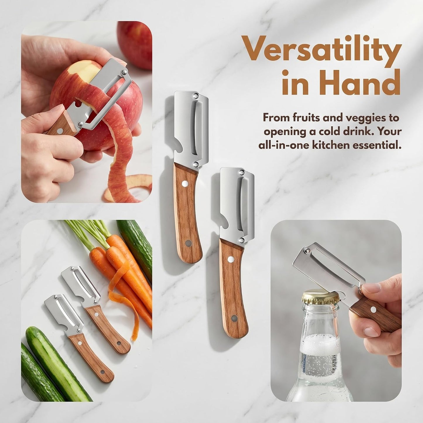 Multi-Functional Vegetable Peeler for Kitchen, 3-in-1 Stainless Steel Kitchen Tool, Wide-Cut Design with Wooden Handle and Bottle Opener, Suitable for Potatoes, Carrots, and Squash (2 PCS)