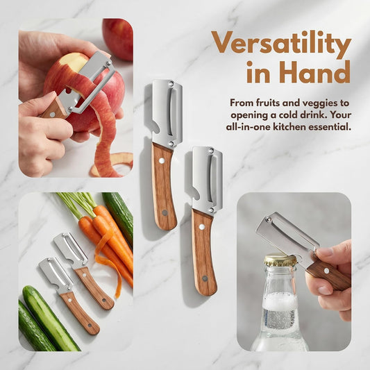 Multi-Functional Vegetable Peeler for Kitchen, 3-in-1 Stainless Steel Kitchen Tool, Wide-Cut Design with Wooden Handle and Bottle Opener, Suitable for Potatoes, Carrots, and Squash (2 PCS)