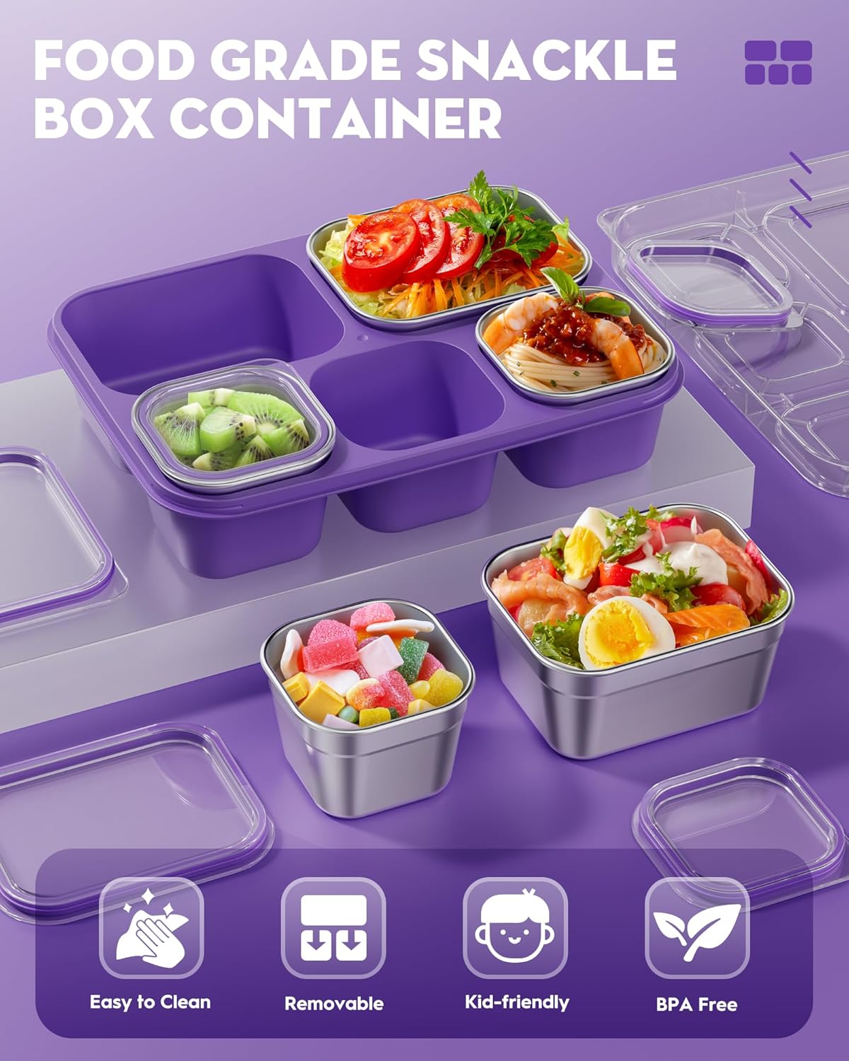 BiuLeon Snackle Box Containers, Stainless Steel 5 Compartments Divided Serving Tray with Lid, Removable LeakProof Portable Bento Box for Fruit Candy Nuts Food - School, Picnic and Travel（Blue）