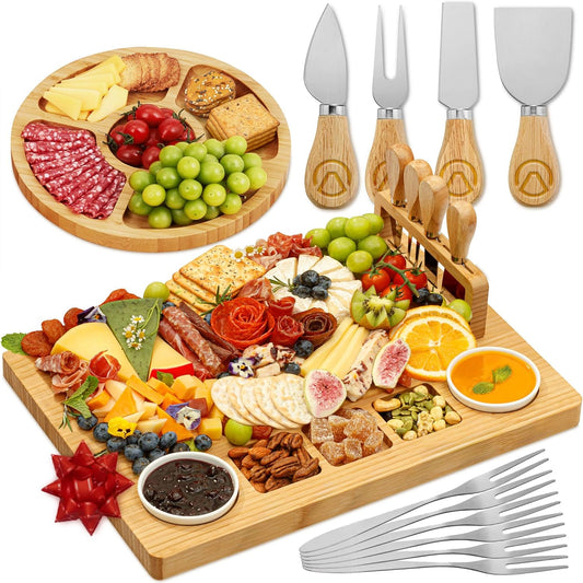 Charcuterie Boards Cheese Board Premium Gift Set - 23 Pieces, Bamboo - Large Size Plus Fruit Tray with Utensil Drawer, Knives, Forks, Wine Opener for Birthday Present, Housewarming, Wedding Shower