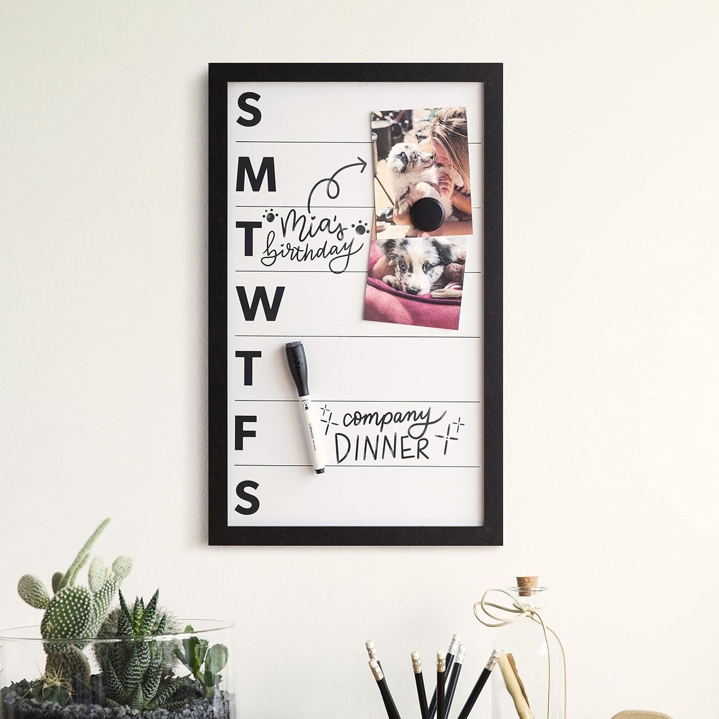 U Brands Framed Magnetic Weekly Calendar Dry Erase White Board, Office Supplies, Black Frame, with Marker, Magnet, 11” x 18”