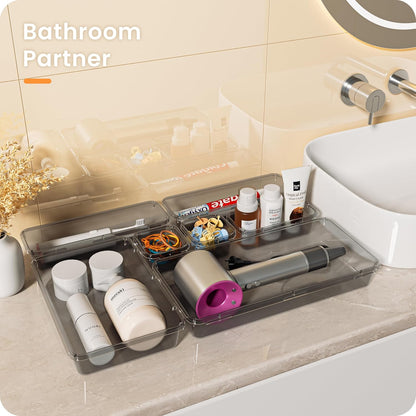 【Military Grade】A-LuGei Drawer Organizer, 【𝟱𝗦𝗶𝘇𝗲】 Makeup organizer, 【Holds 177 Items】 Bathroom Organizers and Storage, Organization and Storage, Desk Drawer Organizer for Vanity (Clear)